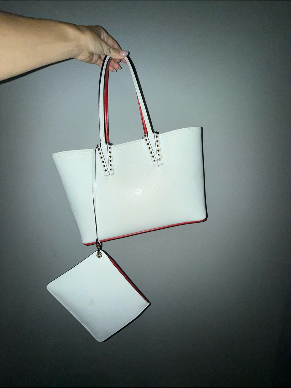 Christian Louboutin White Tote with Red Trim and Detachable Pouch